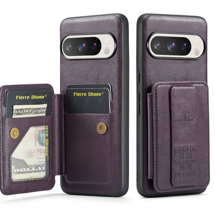 For Google Pixel 9 / 9 Pro Fierre Shann Oil Wax Cow Leather Card Holder Back Phone Case(Purple) by FIERRE SHANN