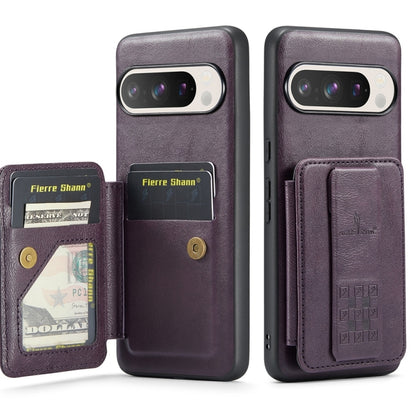 For Google Pixel 9 / 9 Pro Fierre Shann Oil Wax Cow Leather Card Holder Back Phone Case(Purple) by FIERRE SHANN