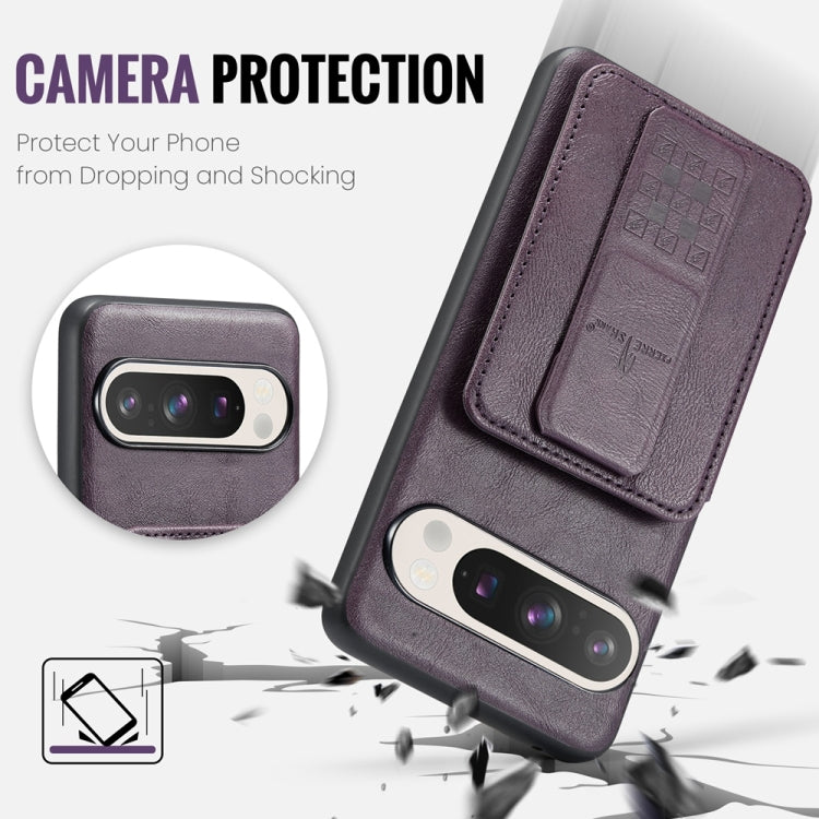 For Google Pixel 9 / 9 Pro Fierre Shann Oil Wax Cow Leather Card Holder Back Phone Case(Purple) by FIERRE SHANN