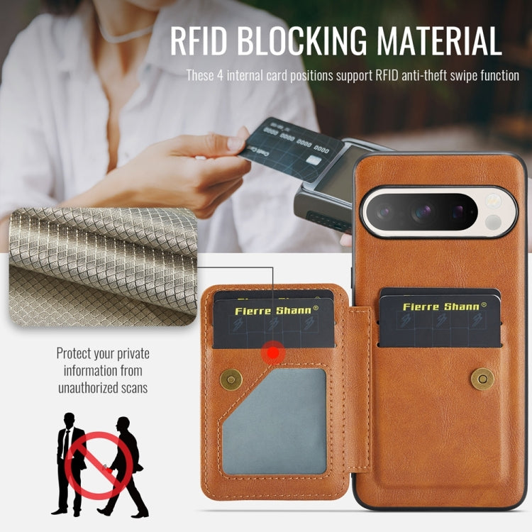 For Google Pixel 9 / 9 Pro Fierre Shann Oil Wax Cow Leather Card Holder Back Phone Case(Brown) by FIERRE SHANN