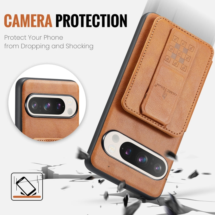 For Google Pixel 9 / 9 Pro Fierre Shann Oil Wax Cow Leather Card Holder Back Phone Case(Brown) by FIERRE SHANN