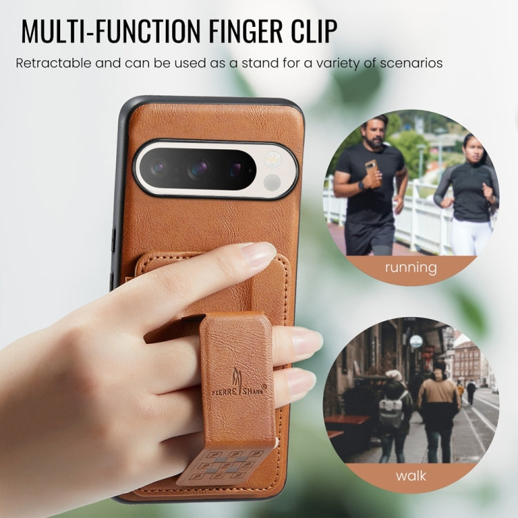 For Google Pixel 9 / 9 Pro Fierre Shann Oil Wax Cow Leather Card Holder Back Phone Case(Brown) by FIERRE SHANN