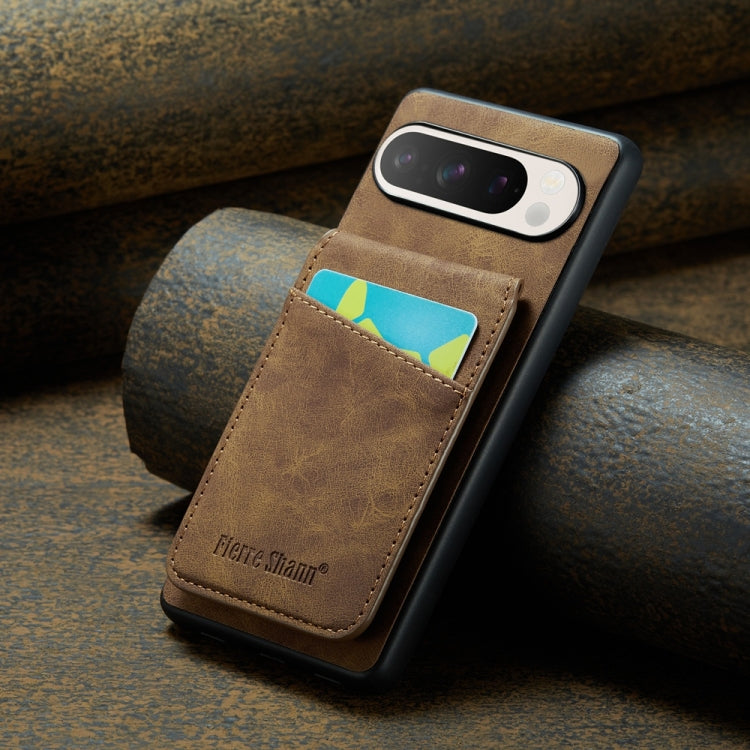 For Google Pixel 9 Pro XL Fierre Shann Crazy Horse Card Holder Back Cover PU Phone Case(Brown) by FIERRE SHANN