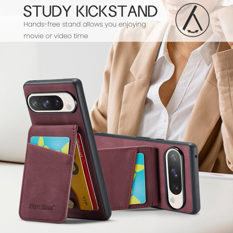 For Google Pixel 9 Pro XL Fierre Shann Crazy Horse Card Holder Back Cover PU Phone Case(Purple) by FIERRE SHANN