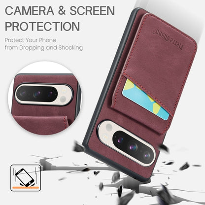 For Google Pixel 9 Pro XL Fierre Shann Crazy Horse Card Holder Back Cover PU Phone Case(Purple) by FIERRE SHANN