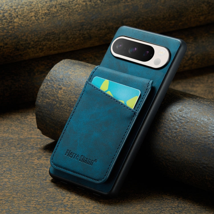 For Google Pixel 9 Pro XL Fierre Shann Crazy Horse Card Holder Back Cover PU Phone Case(Blue) by FIERRE SHANN