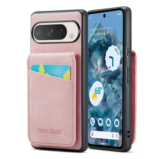 For Google Pixel 9 / 9 Pro Fierre Shann Crazy Horse Card Holder Back Cover PU Phone Case(Pink) by FIERRE SHANN