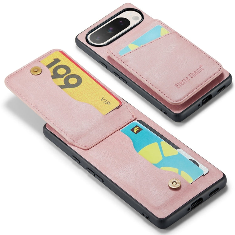 For Google Pixel 9 / 9 Pro Fierre Shann Crazy Horse Card Holder Back Cover PU Phone Case(Pink) by FIERRE SHANN