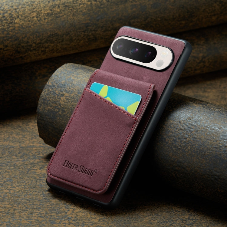 For Google Pixel 9 / 9 Pro Fierre Shann Crazy Horse Card Holder Back Cover PU Phone Case(Wine Red) by FIERRE SHANN