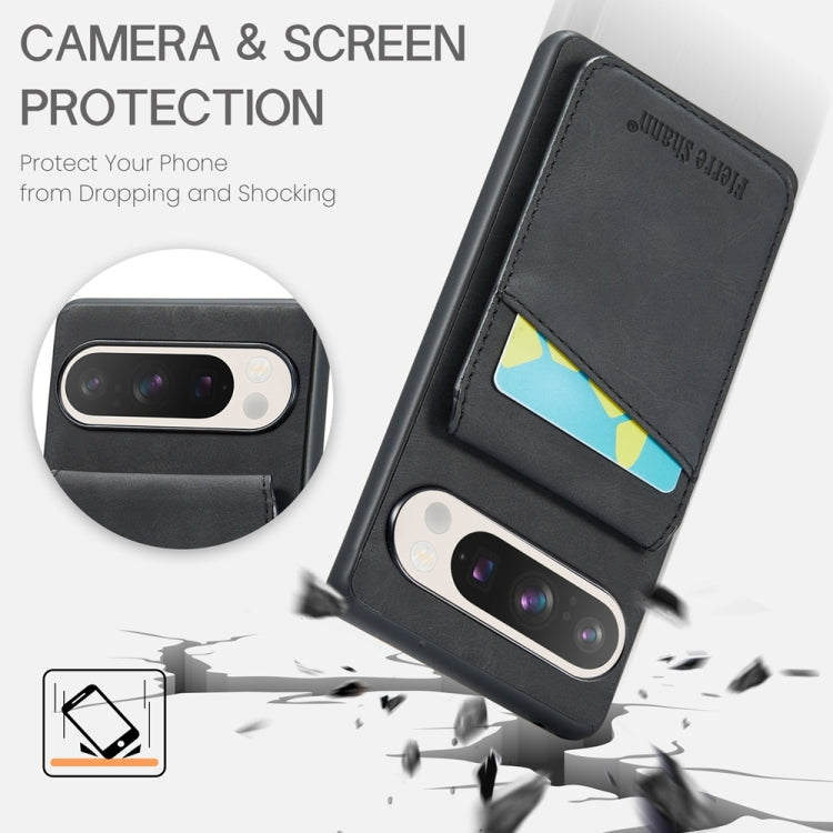 For Google Pixel 9 / 9 Pro Fierre Shann Crazy Horse Card Holder Back Cover PU Phone Case(Black) by FIERRE SHANN