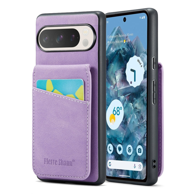For Google Pixel 9 / 9 Pro Fierre Shann Crazy Horse Card Holder Back Cover PU Phone Case(Purple) by FIERRE SHANN