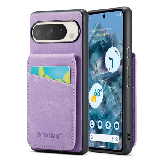 For Google Pixel 9 / 9 Pro Fierre Shann Crazy Horse Card Holder Back Cover PU Phone Case(Purple) by FIERRE SHANN