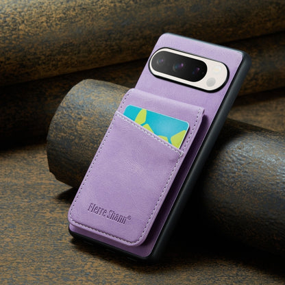 For Google Pixel 9 / 9 Pro Fierre Shann Crazy Horse Card Holder Back Cover PU Phone Case(Purple) by FIERRE SHANN