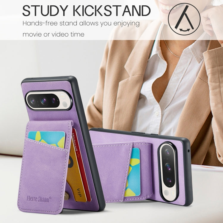 For Google Pixel 9 / 9 Pro Fierre Shann Crazy Horse Card Holder Back Cover PU Phone Case(Purple) by FIERRE SHANN
