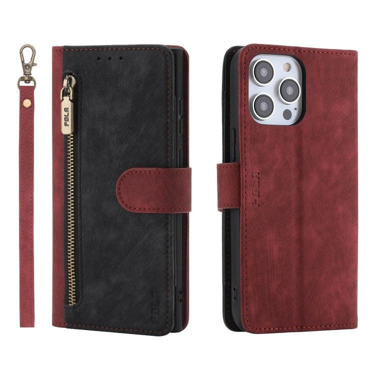 For iPhone 15 Pro Max POLA Dual-color Zipper Wallet RFID Leather Phone Case(Red Black) by POLA