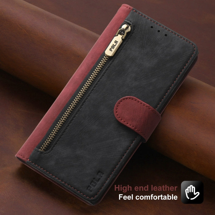 For iPhone 15 Pro Max POLA Dual-color Zipper Wallet RFID Leather Phone Case(Red Black) by POLA