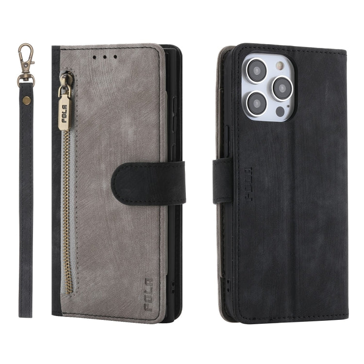 For iPhone 15 Pro Max POLA Dual-color Zipper Wallet RFID Leather Phone Case(Grey Black) by POLA