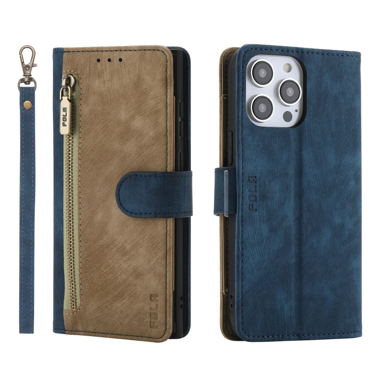 For iPhone 15 Pro Max POLA Dual-color Zipper Wallet RFID Leather Phone Case(Yellow Blue) by POLA
