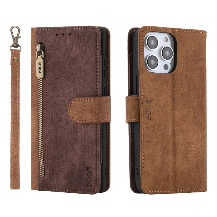 For iPhone 15 Pro POLA Dual-color Zipper Wallet RFID Leather Phone Case(Burgundy Brown) by POLA