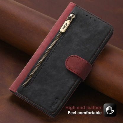 For iPhone 15 Plus POLA Dual-color Zipper Wallet RFID Leather Phone Case(Red Black) by POLA