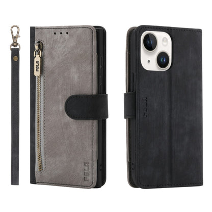 For iPhone 15 Plus POLA Dual-color Zipper Wallet RFID Leather Phone Case(Grey Black) by POLA