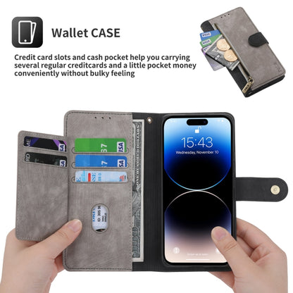 For iPhone 15 Plus POLA Dual-color Zipper Wallet RFID Leather Phone Case(Grey Black) by POLA