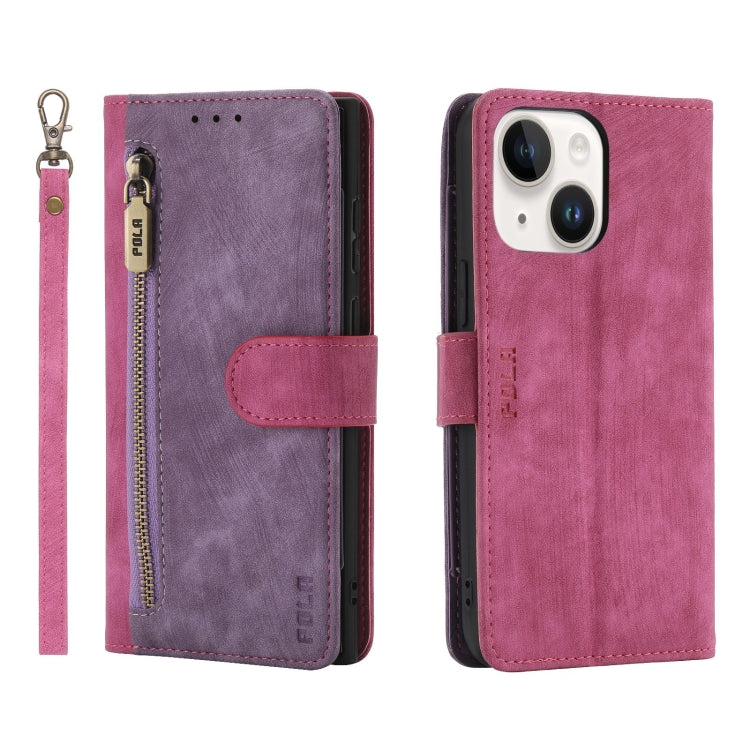 For iPhone 15 Plus POLA Dual-color Zipper Wallet RFID Leather Phone Case(Purple Pink) by POLA
