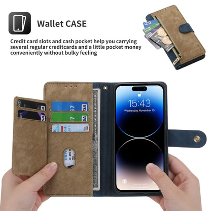 For iPhone 15 Plus POLA Dual-color Zipper Wallet RFID Leather Phone Case(Yellow Blue) by POLA