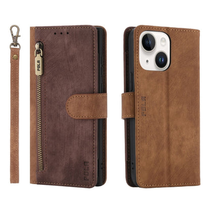For iPhone 15 Plus POLA Dual-color Zipper Wallet RFID Leather Phone Case(Burgundy Brown) by POLA