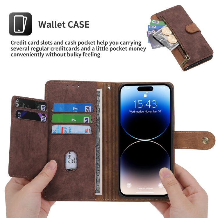 For iPhone 15 Plus POLA Dual-color Zipper Wallet RFID Leather Phone Case(Burgundy Brown) by POLA