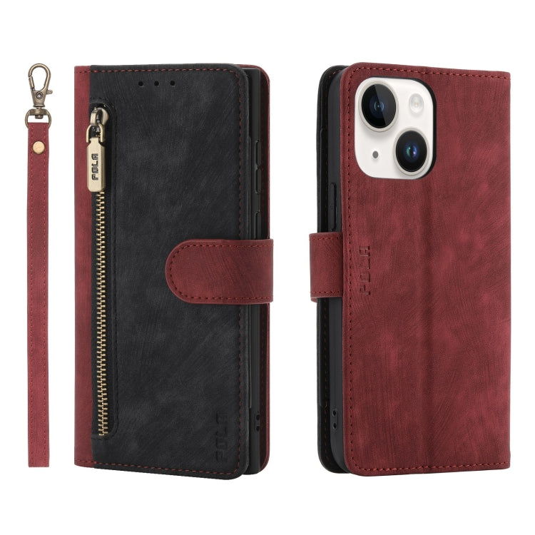 For iPhone 15 POLA Dual-color Zipper Wallet RFID Leather Phone Case(Red Black) by POLA