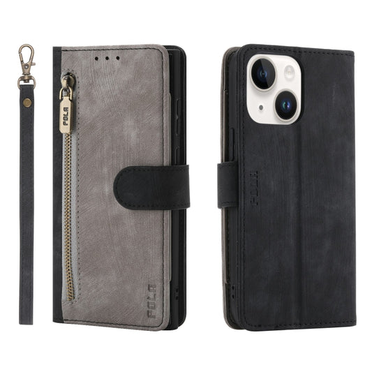 For iPhone 15 POLA Dual-color Zipper Wallet RFID Leather Phone Case(Grey Black) by POLA