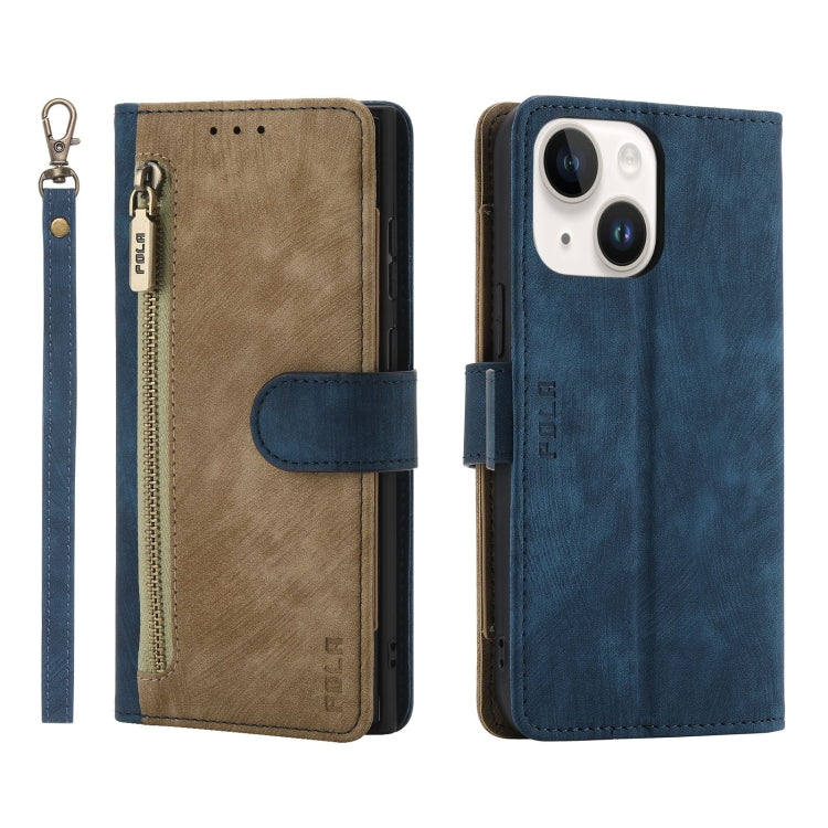 For iPhone 15 POLA Dual-color Zipper Wallet RFID Leather Phone Case(Yellow Blue) by POLA