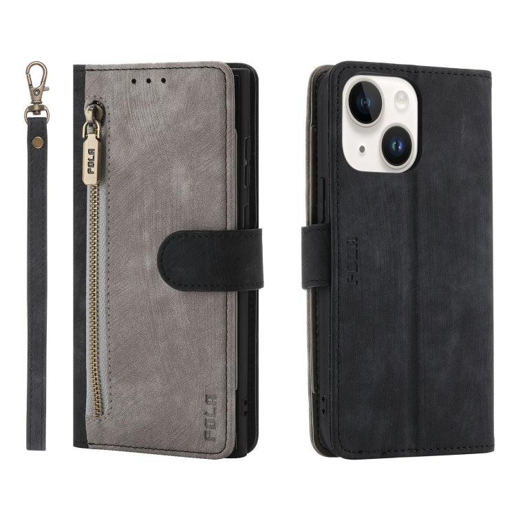 For iPhone 14 Plus POLA Dual-color Zipper Wallet RFID Leather Phone Case(Grey Black) by POLA
