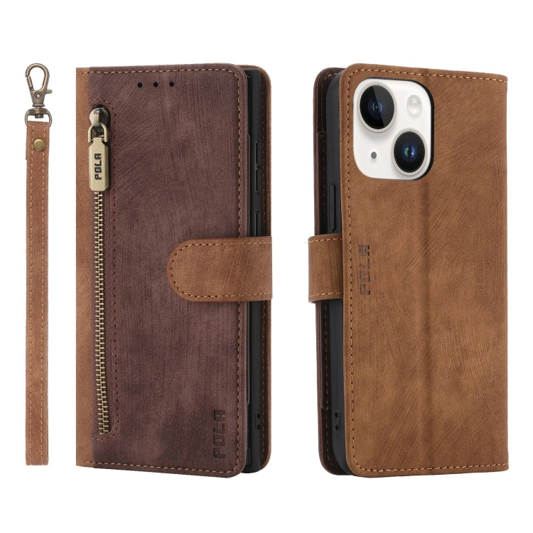 For iPhone 14 POLA Dual-color Zipper Wallet RFID Leather Phone Case(Burgundy Brown) by POLA