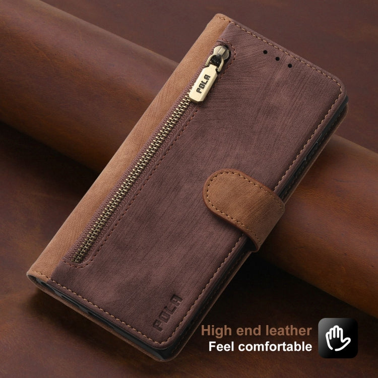 For iPhone 14 Pro POLA Dual-color Zipper Wallet RFID Leather Phone Case(Burgundy Brown) by POLA