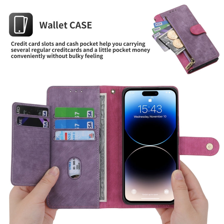 For iPhone 14 Pro Max POLA Dual-color Zipper Wallet RFID Leather Phone Case(Purple Pink) by POLA