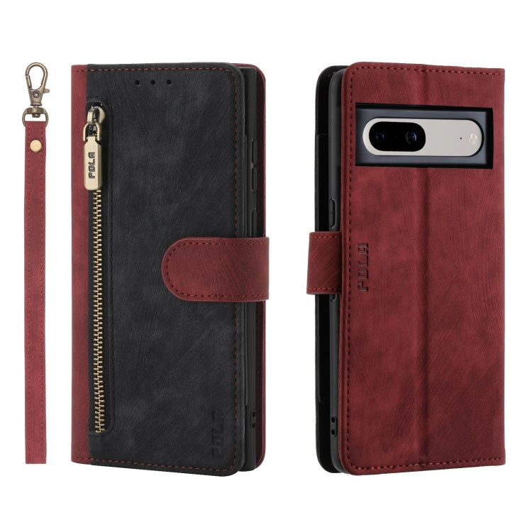 For Google Pixel 7 POLA Dual-color Zipper Wallet RFID Leather Phone Case(Red Black) by POLA