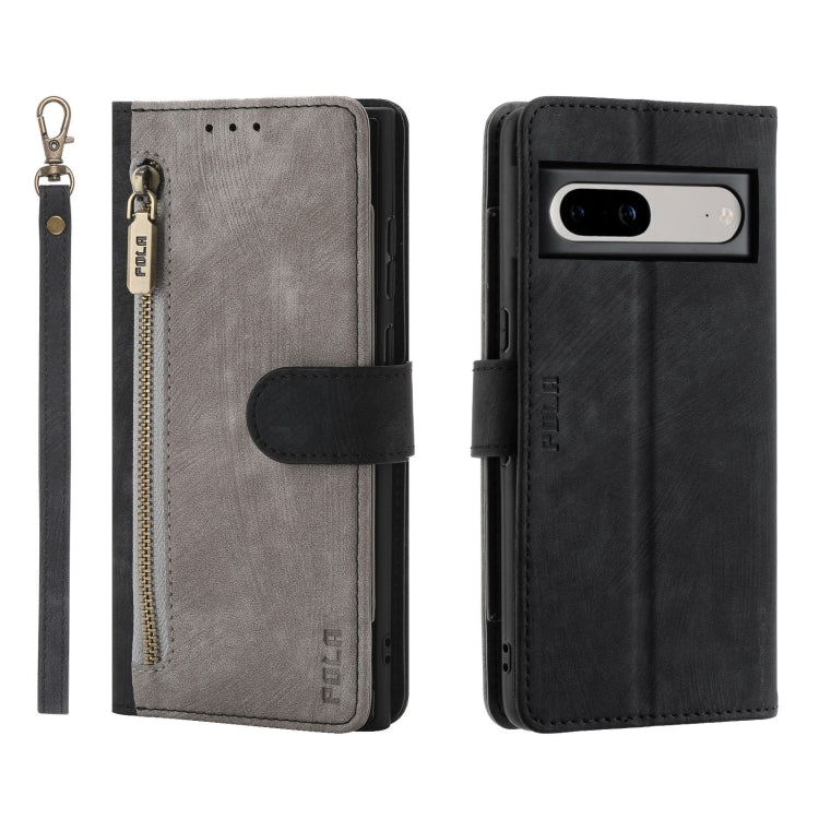 For Google Pixel 7 POLA Dual-color Zipper Wallet RFID Leather Phone Case(Grey Black) by POLA