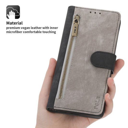 For Google Pixel 7 POLA Dual-color Zipper Wallet RFID Leather Phone Case(Grey Black) by POLA