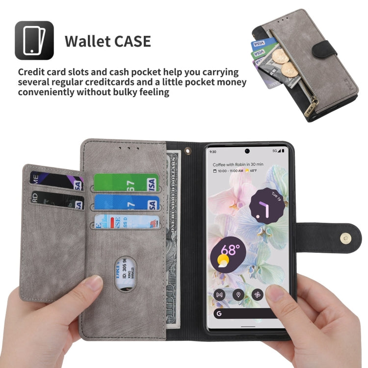 For Google Pixel 7 POLA Dual-color Zipper Wallet RFID Leather Phone Case(Grey Black) by POLA