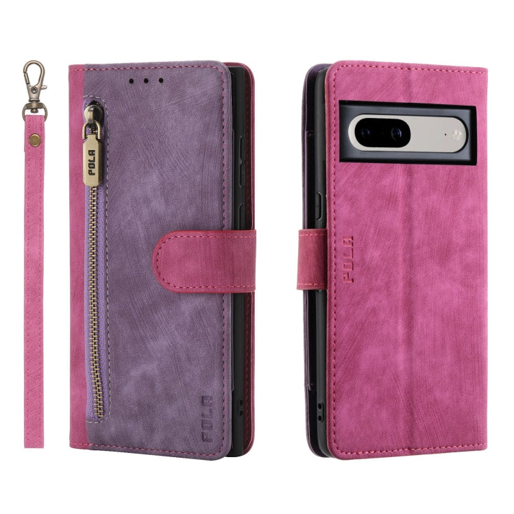 For Google Pixel 7 POLA Dual-color Zipper Wallet RFID Leather Phone Case(Purple Pink) by POLA