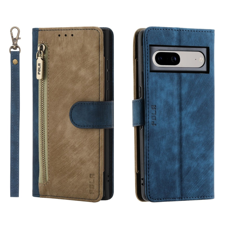 For Google Pixel 7 POLA Dual-color Zipper Wallet RFID Leather Phone Case(Yellow Blue) by POLA