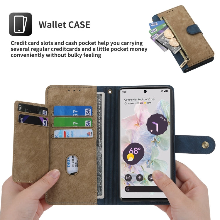 For Google Pixel 7 POLA Dual-color Zipper Wallet RFID Leather Phone Case(Yellow Blue) by POLA