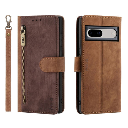 For Google Pixel 7 POLA Dual-color Zipper Wallet RFID Leather Phone Case(Burgundy Brown) by POLA