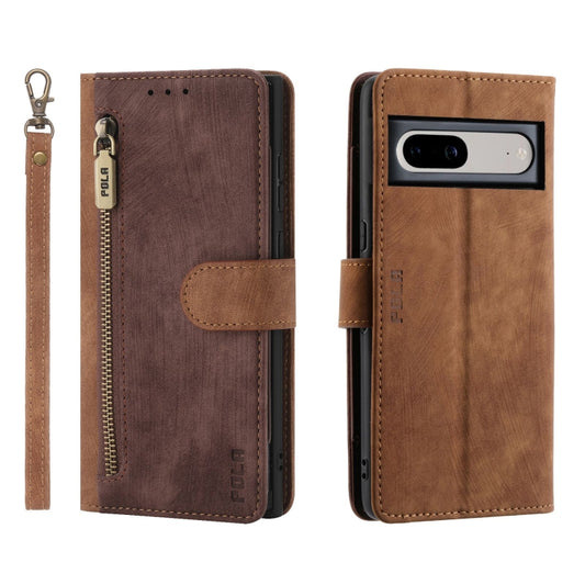 For Google Pixel 7 POLA Dual-color Zipper Wallet RFID Leather Phone Case(Burgundy Brown) by POLA