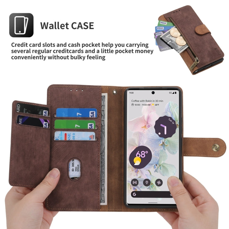 For Google Pixel 7 POLA Dual-color Zipper Wallet RFID Leather Phone Case(Burgundy Brown) by POLA