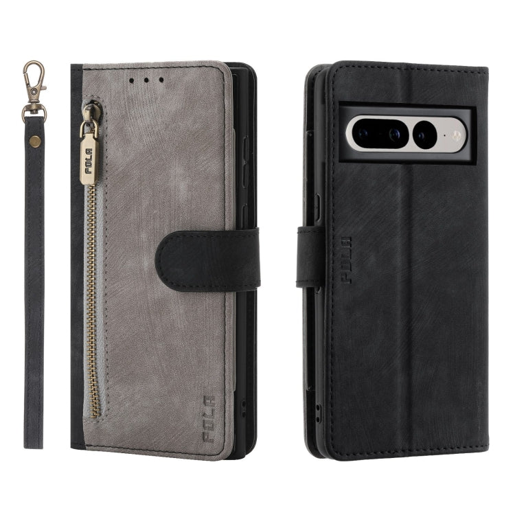 For Google Pixel 7 Pro POLA Dual-color Zipper Wallet RFID Leather Phone Case(Grey Black) by POLA