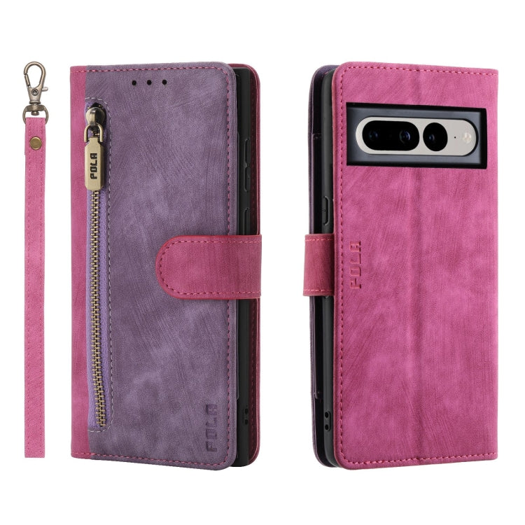 For Google Pixel 7 Pro POLA Dual-color Zipper Wallet RFID Leather Phone Case(Purple Pink) by POLA
