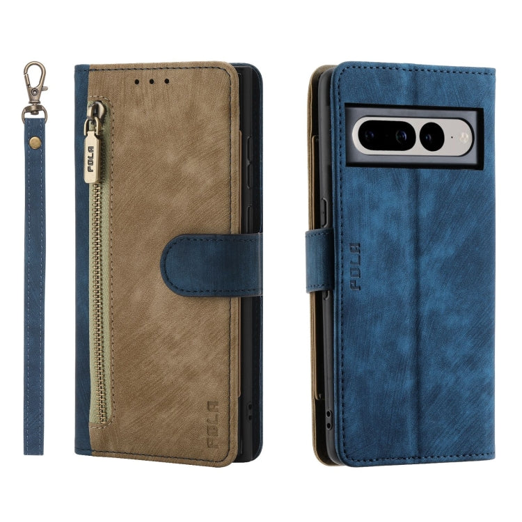 For Google Pixel 7 Pro POLA Dual-color Zipper Wallet RFID Leather Phone Case(Yellow Blue) by POLA